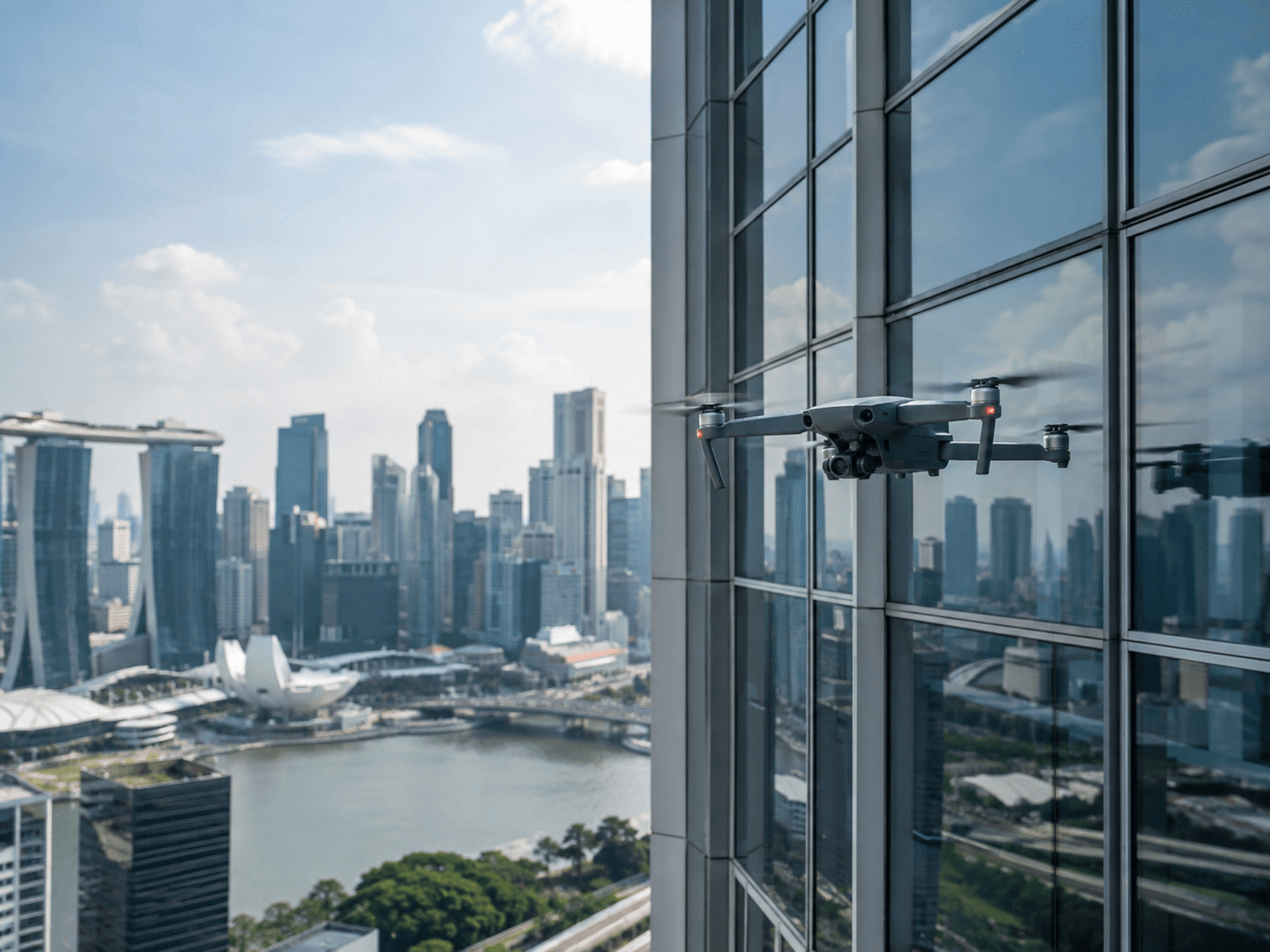 A commercial drone inspecting the glass façade of a high-rise building above the Singapore skyline