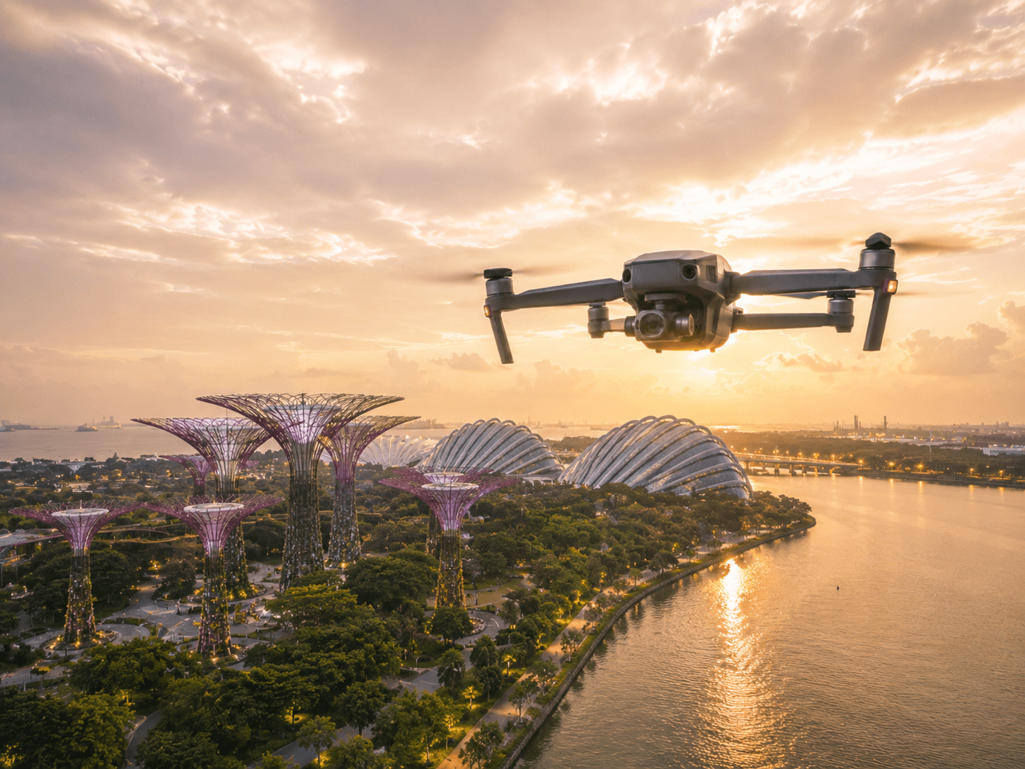 A cinematic aerial drone shot over Gardens by the Bay and the Singapore skyline at golden hour